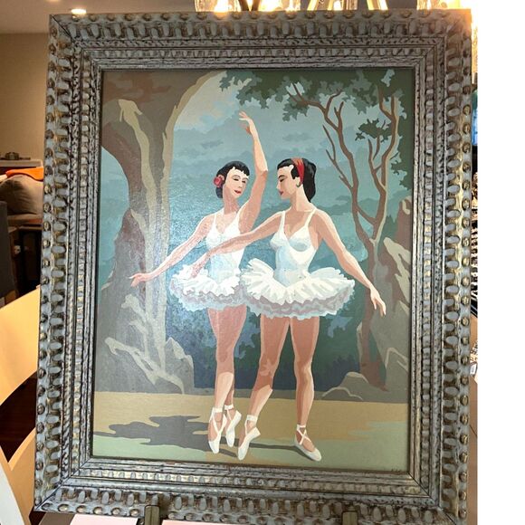 Stunning!  Vintage MCM large paint by number ballerinas beautiful frame 20 x 24 - Picture 2 of 4